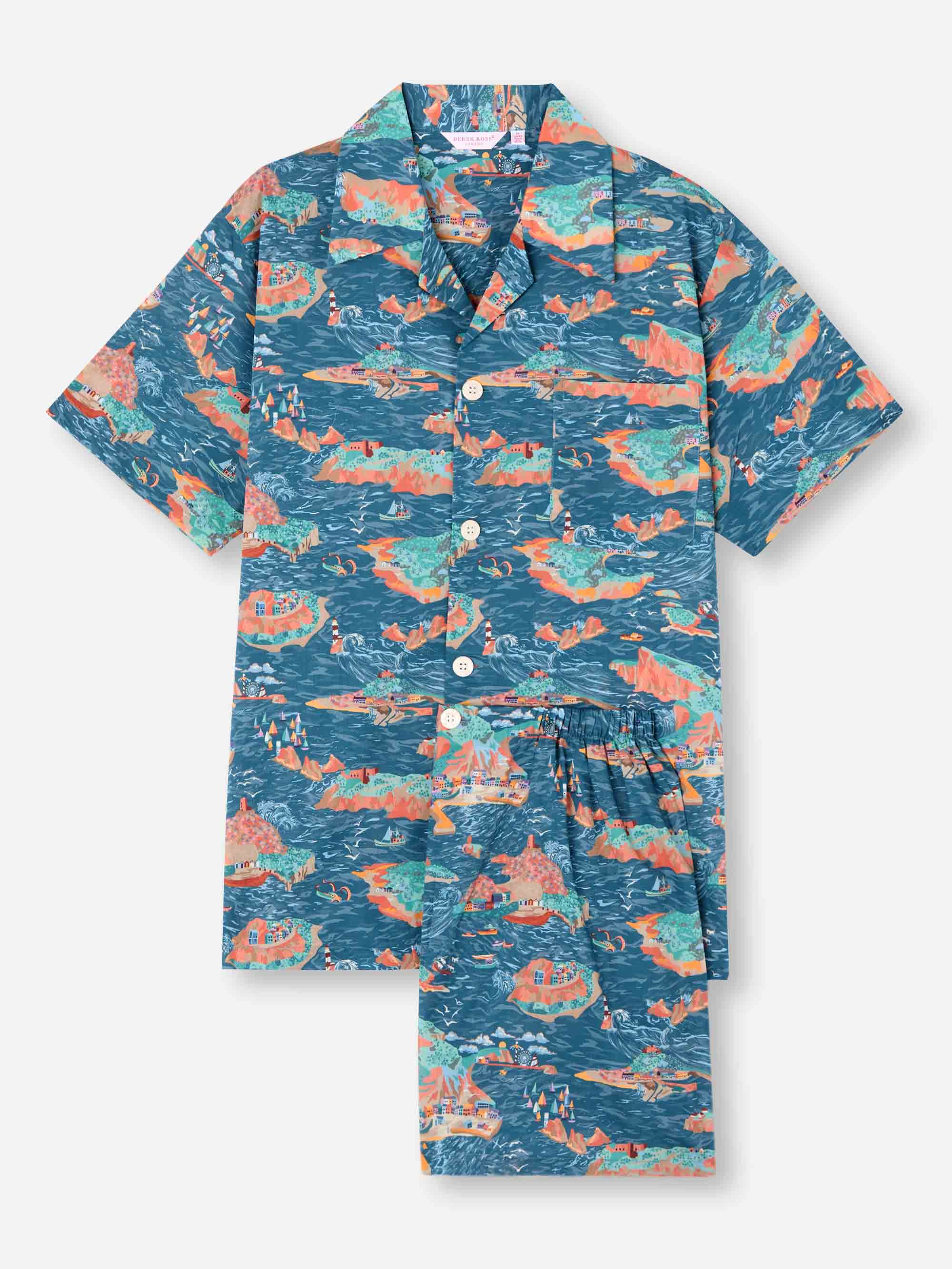 Men's Short Pajamas Cotton Batiste Multi Fisherman's Scenic Print 