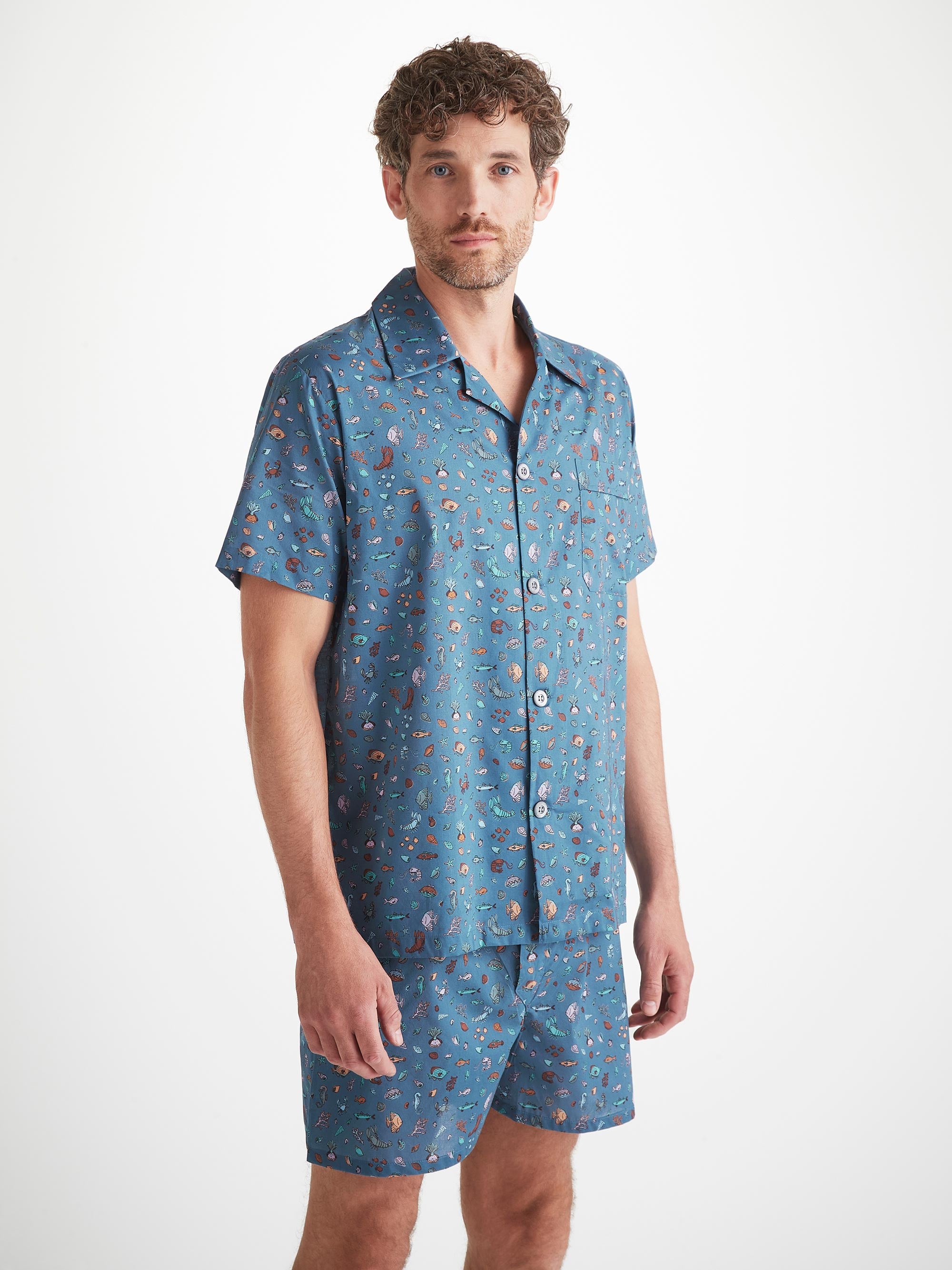 Men's Short Pajamas Cotton Batiste Blue Sea Friends Print