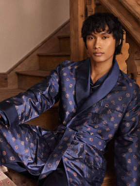 Men's Dressing Gown Silk Jacquard Navy Badge Pattern