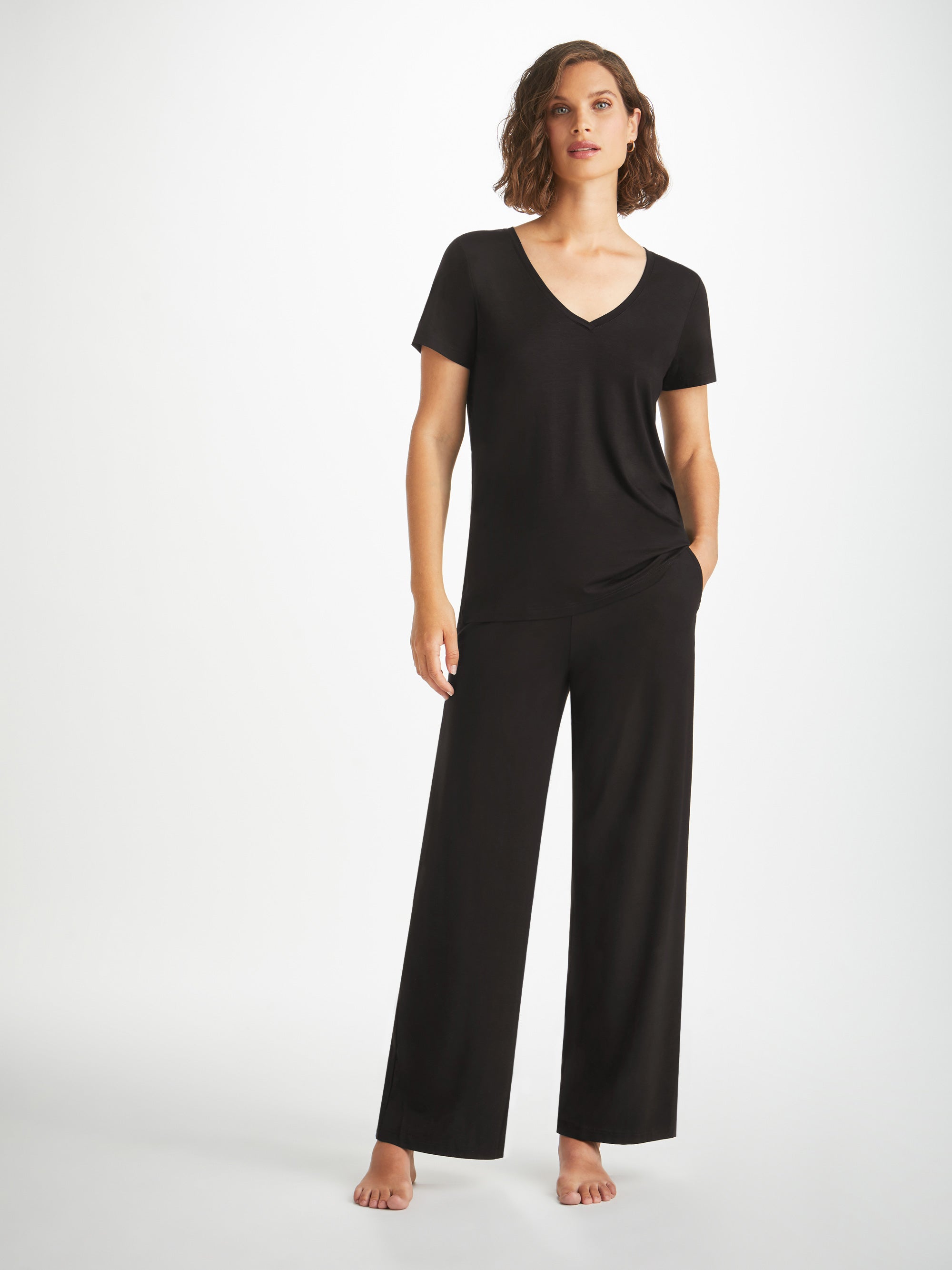 Women's V-Neck T-Shirt and Lounge Trousers Black Set