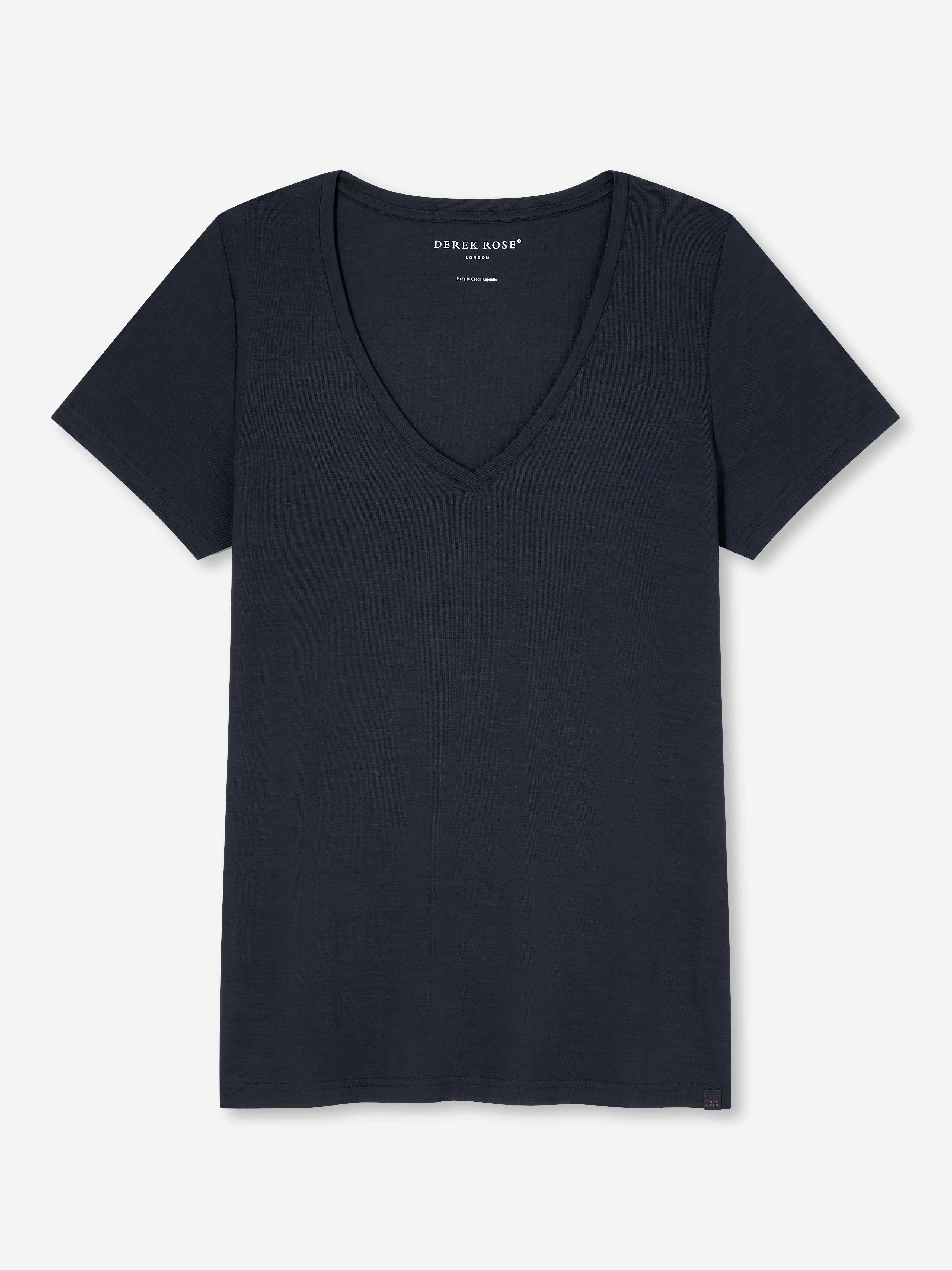 [[Women's V-Neck T-Shirt Lara Micro Modal Stretch Navy (Size)]]