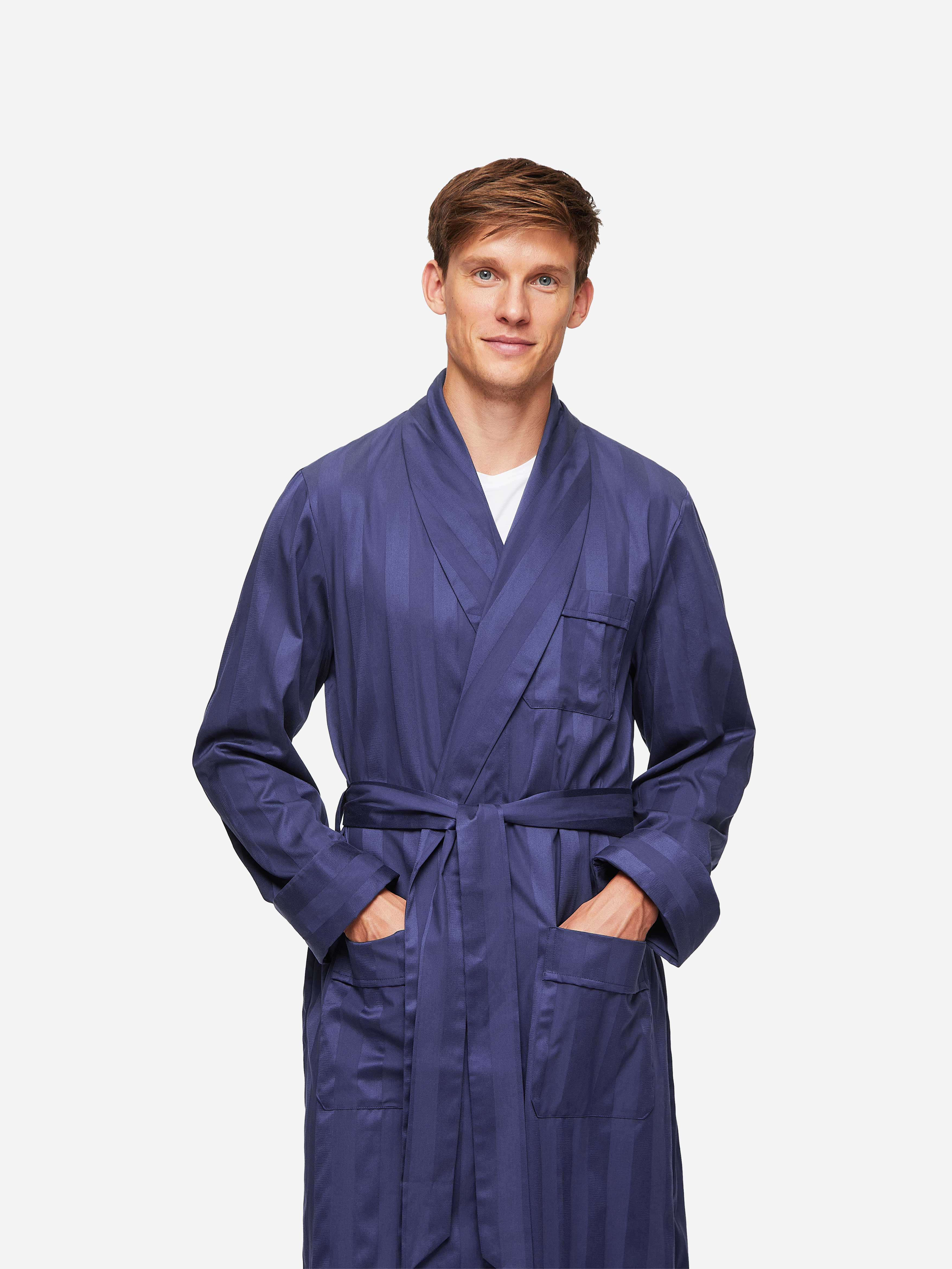 Mens Navy Striped Cotton Dressing Gown | Derek Rose