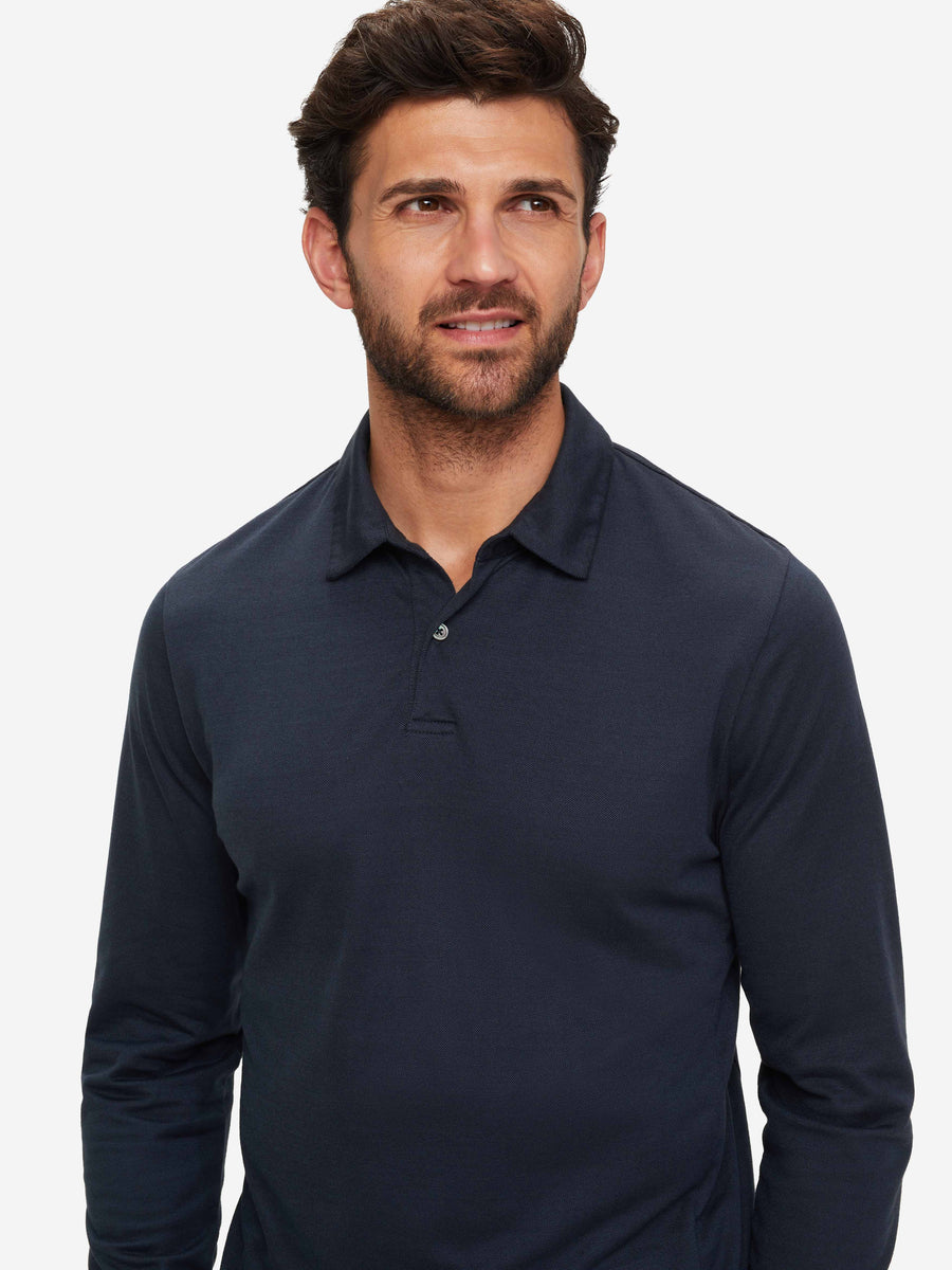 Ramsay 2 Pique Cotton Tencel Navy Men's Long Sleeve Polo Shirt | Derek Rose