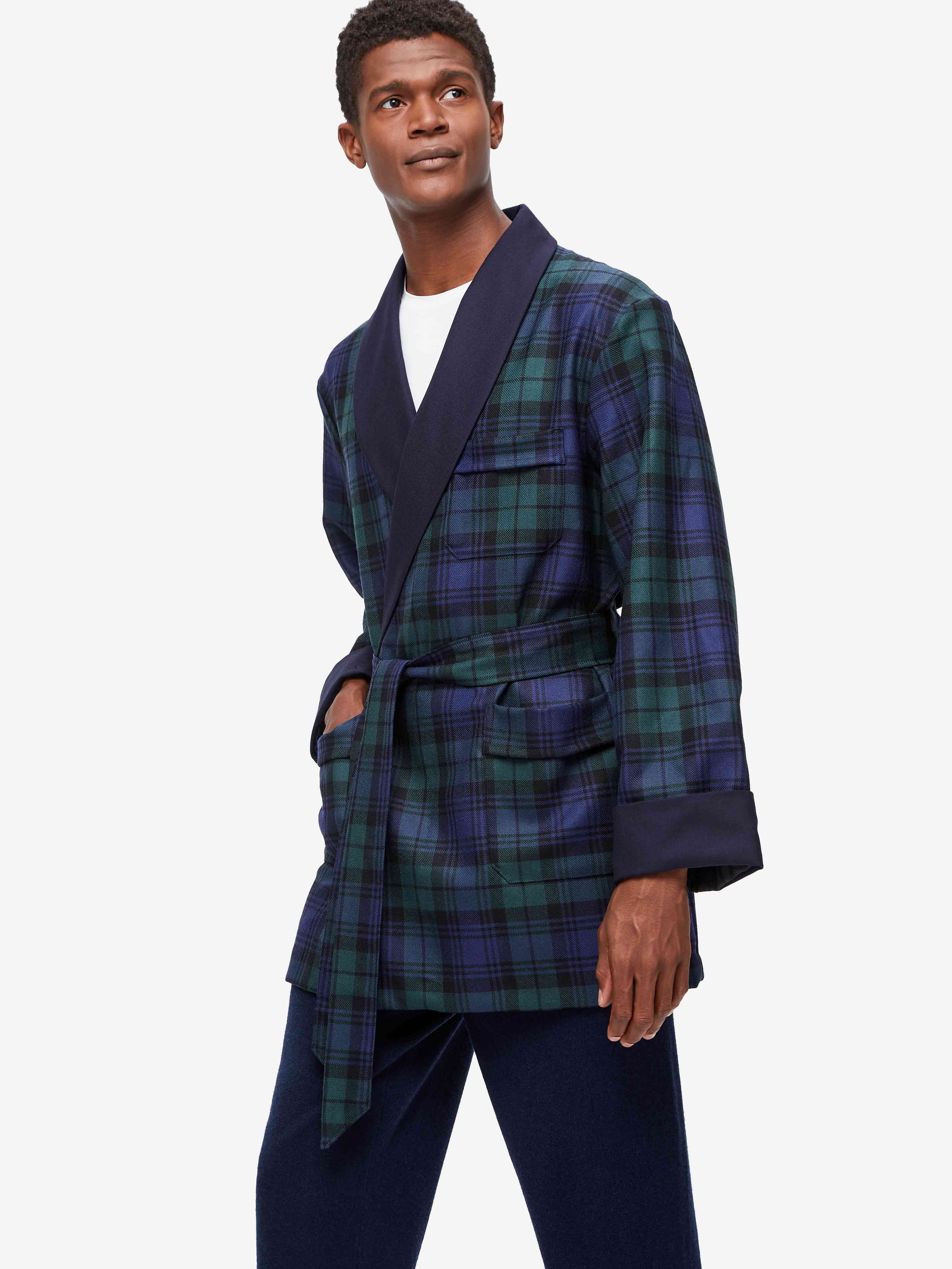 Men's Smoking Jacket Tartan Wool Black Watch Navy