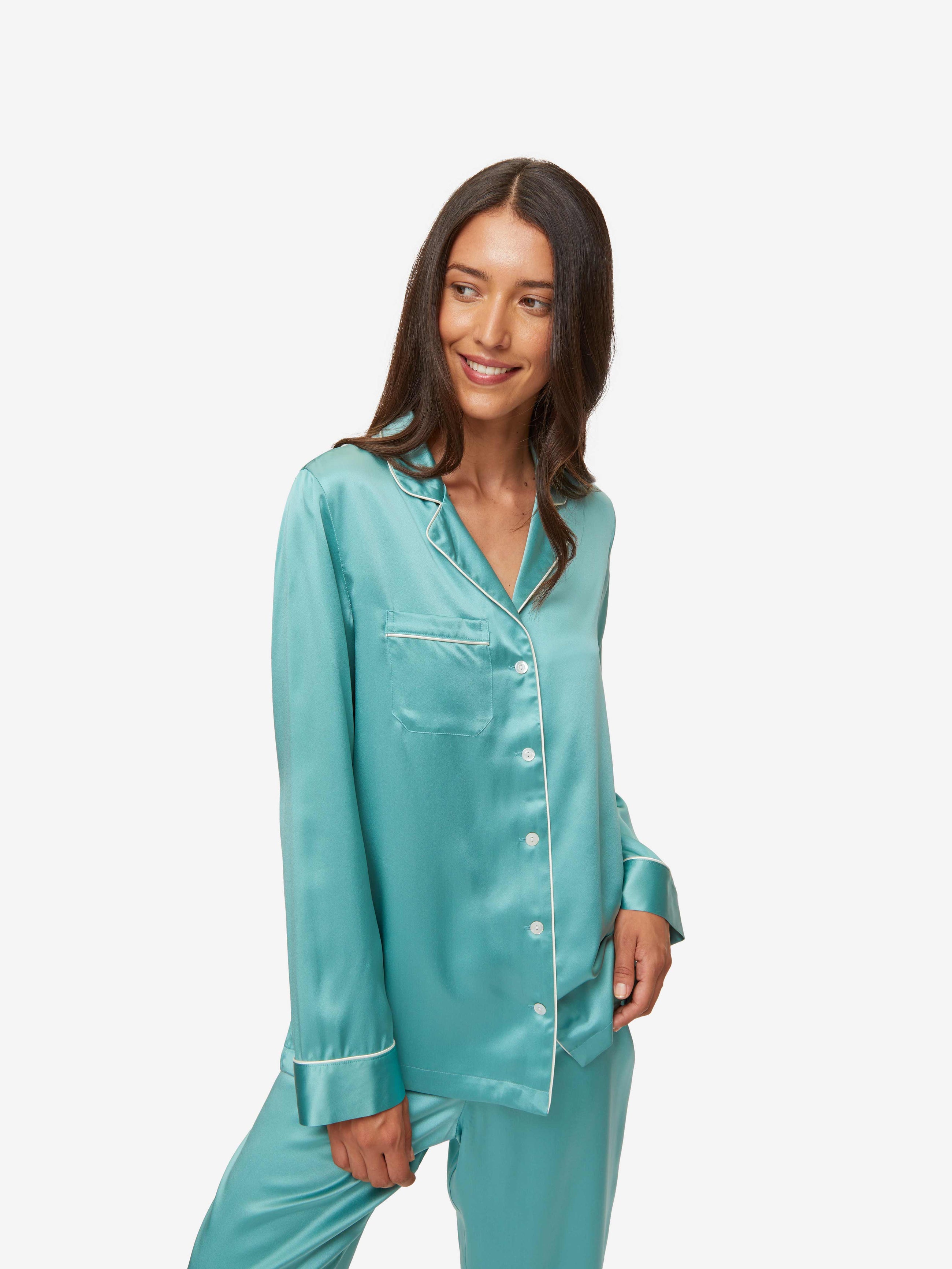 Women's Short Cami Pyjamas Bailey 2 Silk Satin Sky